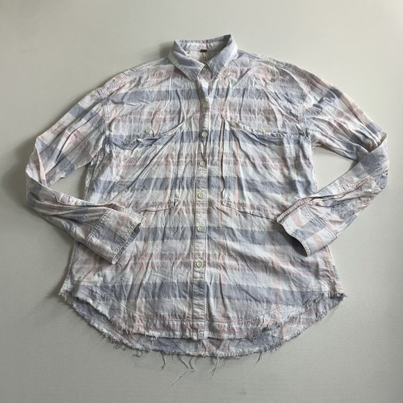 Free People Pastel Blue Pink Plaid Raw Hem Button Down Loveland Shirt Size Small - Picture 1 of 10